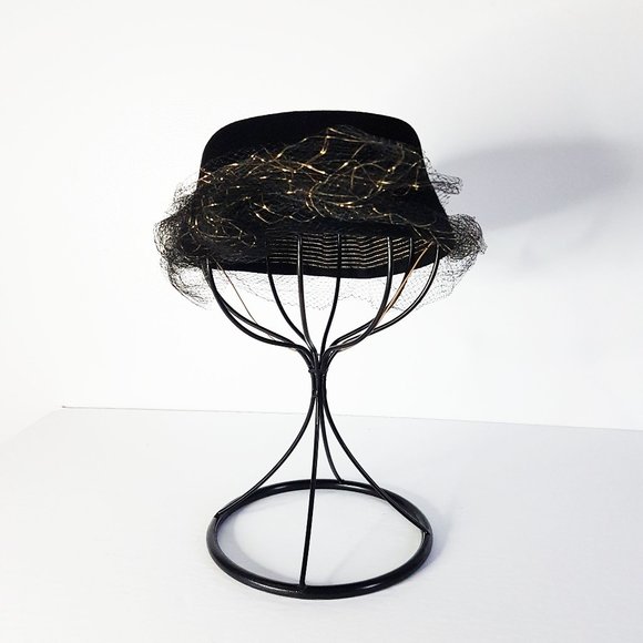 1960s Black Wool Veiled Half Hat, Mid-Century Black Louise Salvail Wool Hat - Picture 3 of 10